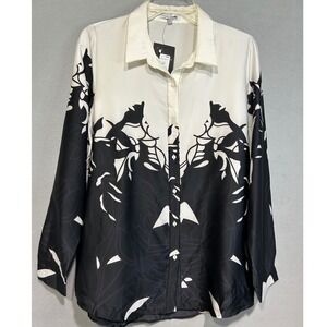 Womens Abstract‎ Top Size Large Beige Black Button Up Long Sleeve Cottage Core